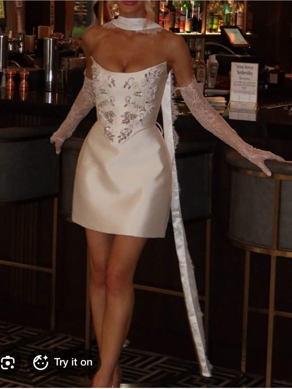 Rosie Etienne Everly - Satin Embellished Ivory Mini Dress with Lace Gloves